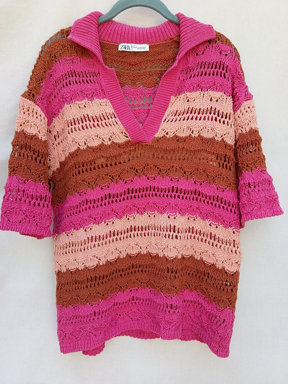 Zara Oversized Crochet Knit Polo V Neck Sweater Small-Medium Fall Cozy